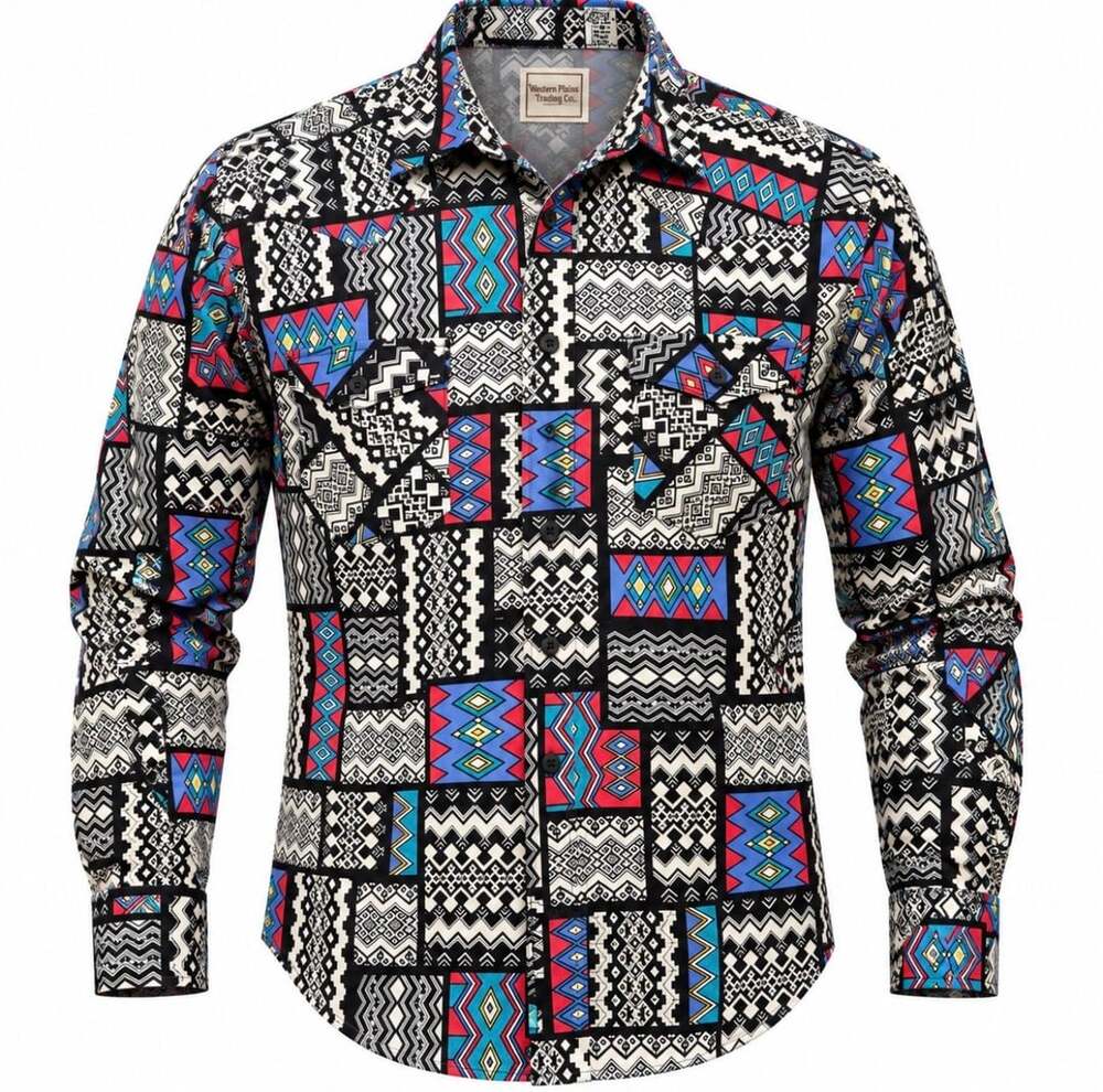 Vintage Western Plains Trading Co Shirt Mens L Aztec Geometric Southwestern 90s